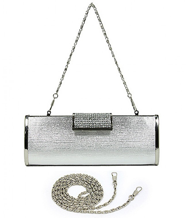 Evening Bag - Hard Case w/ Rhinestone Accent Flap Closure - Silver - BG-M1023SL-SV